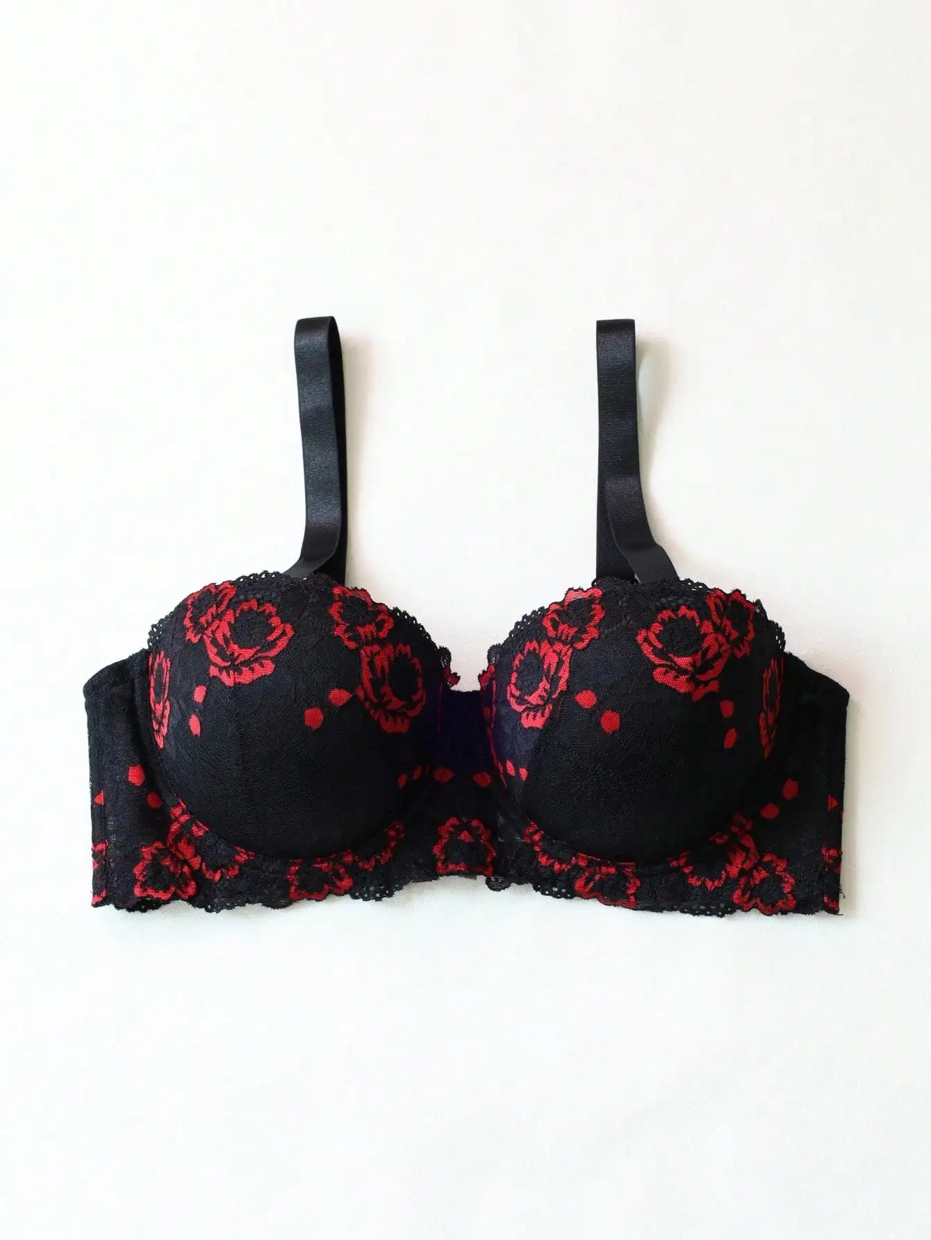 Black & Red Floral Lace Underwire Push-Up Bra with Side Support