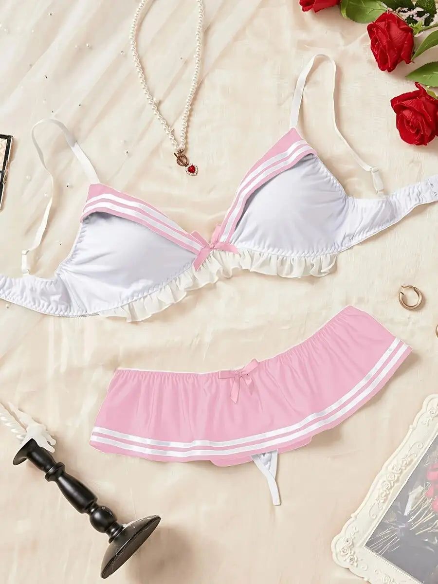 2-Piece Nautical-Inspired Lingerie Set with Ruffles and Bow Detail