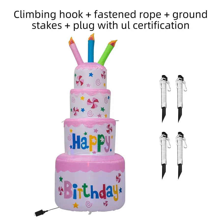 6 Feet Happy Birthday Inflatable Cake with Candle Blow Up Indoor Outdoor Yard Lawn Decoration