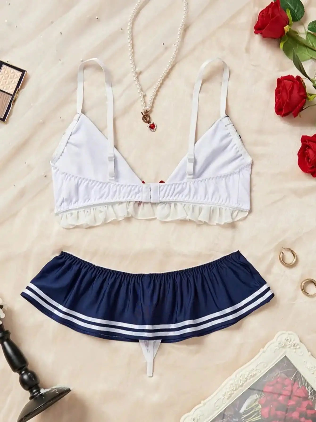 2-Piece Nautical-Inspired Lingerie Set with Ruffles and Bow Detail