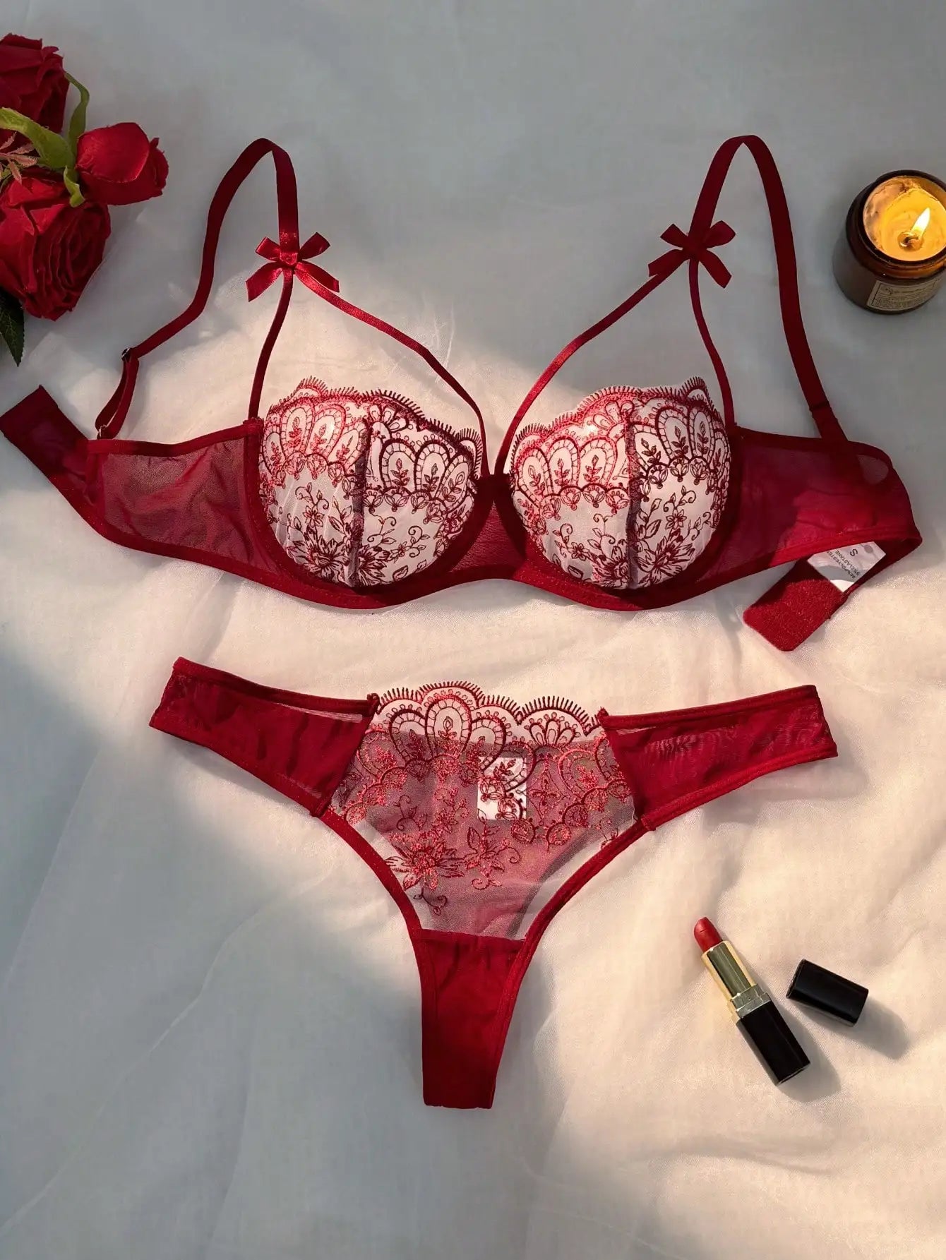 Womens Lace Embroidery Semi-Sheer Adjustable Strap Bra And Panty Set