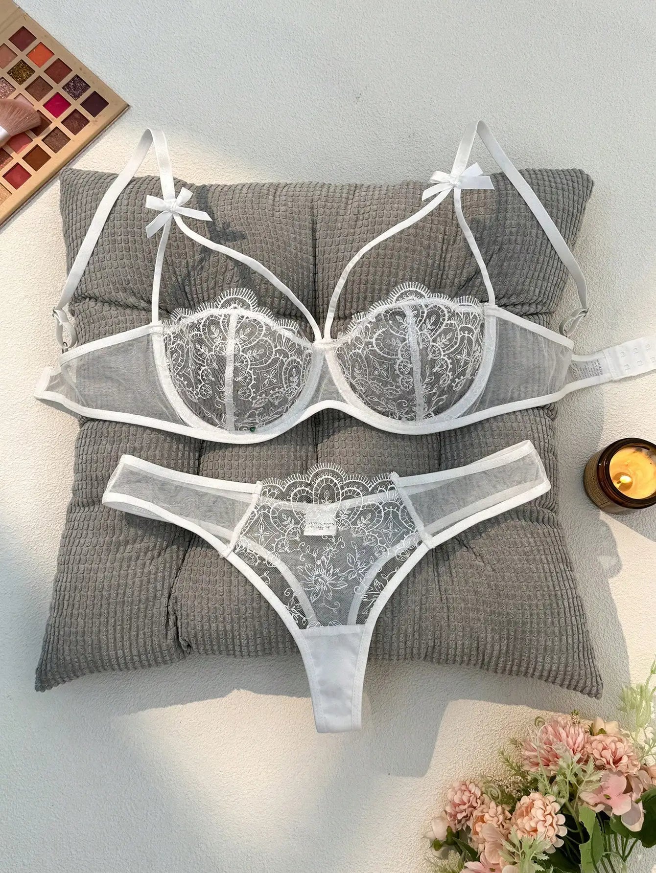 Womens Lace Embroidery Semi-Sheer Adjustable Strap Bra And Panty Set