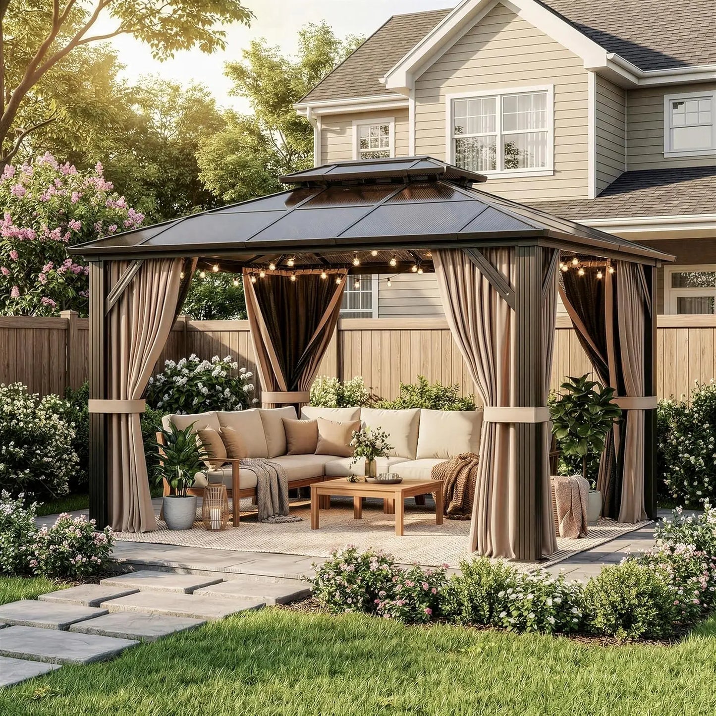10'x12' Hardtop Gazebo, Outdoor Polycarbonate Roof Canopy, Aluminum Frame Permanent Pavilion with Curtains and, Customized