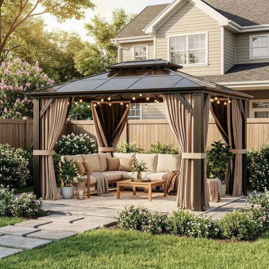 10'x12' Hardtop Gazebo, Outdoor Polycarbonate Roof Canopy, Aluminum Frame Permanent Pavilion with Curtains and, Customized