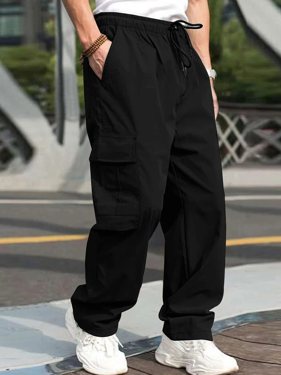 Men s Loose Cargo Long Pants Solid Color Drawstring Waist Straight Leg Trousers Casual Work Pants with Pockets