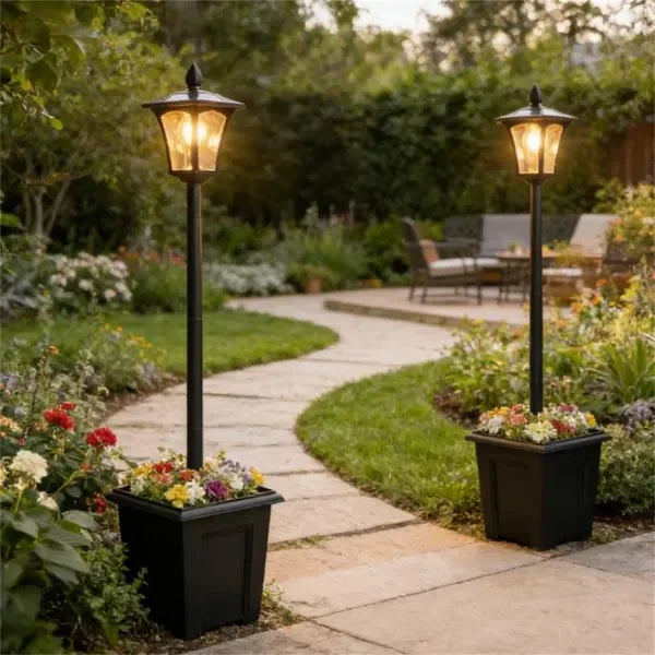 Solar light set with flower pot, soft glow, black design