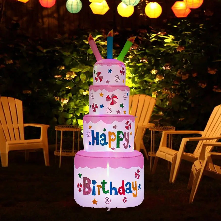 6 Feet Happy Birthday Inflatable Cake with Candle Blow Up Indoor Outdoor Yard Lawn Decoration