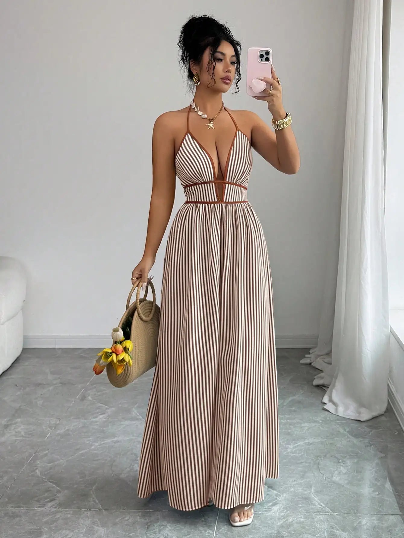 Women's Striped Plunging Halter Maxi Dress Beach Vacation Style