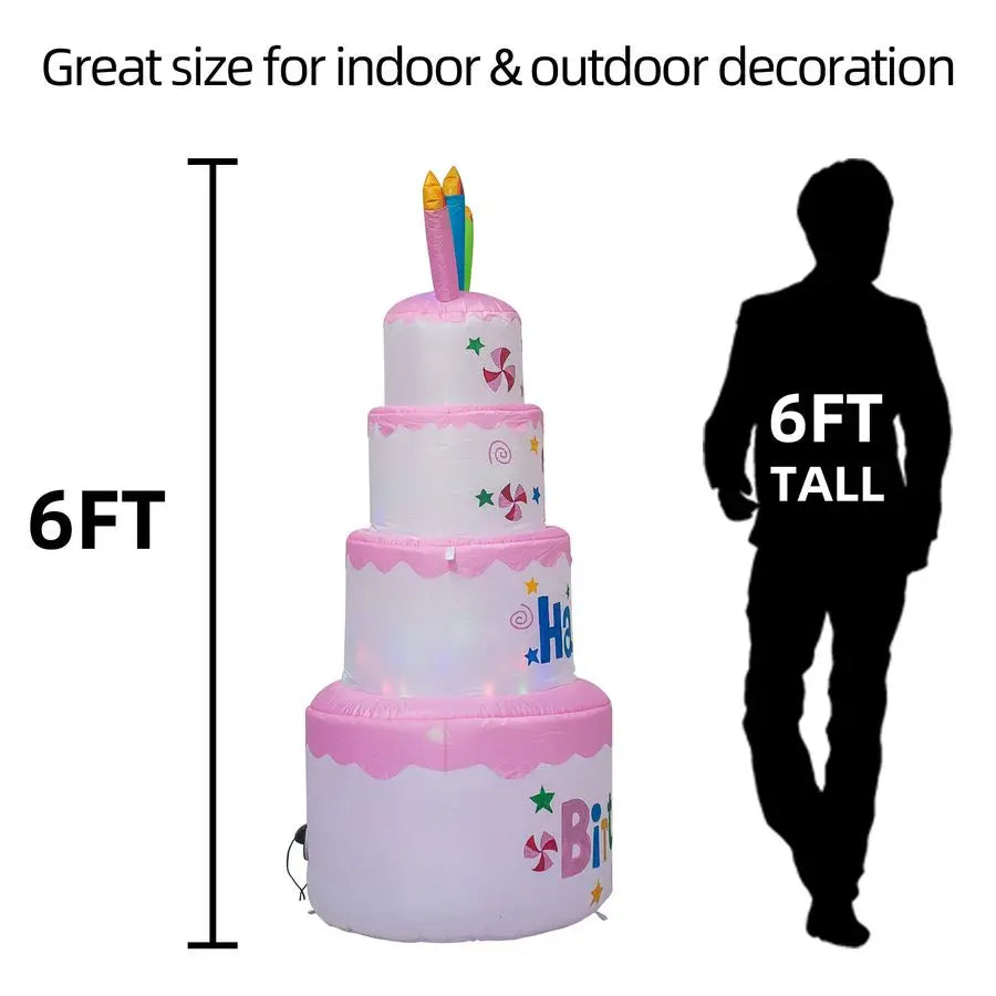 6 Feet Happy Birthday Inflatable Cake with Candle Blow Up Indoor Outdoor Yard Lawn Decoration