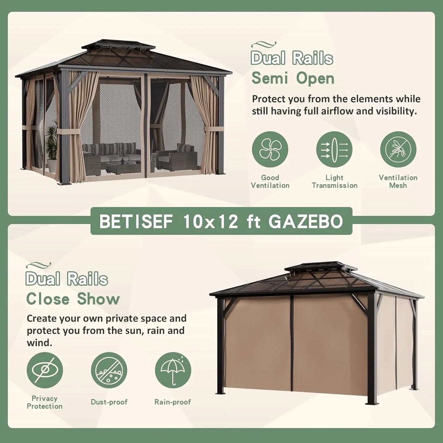 10'x12' Hardtop Gazebo, Outdoor Polycarbonate Roof Canopy, Aluminum Frame Permanent Pavilion with Curtains and, Customized