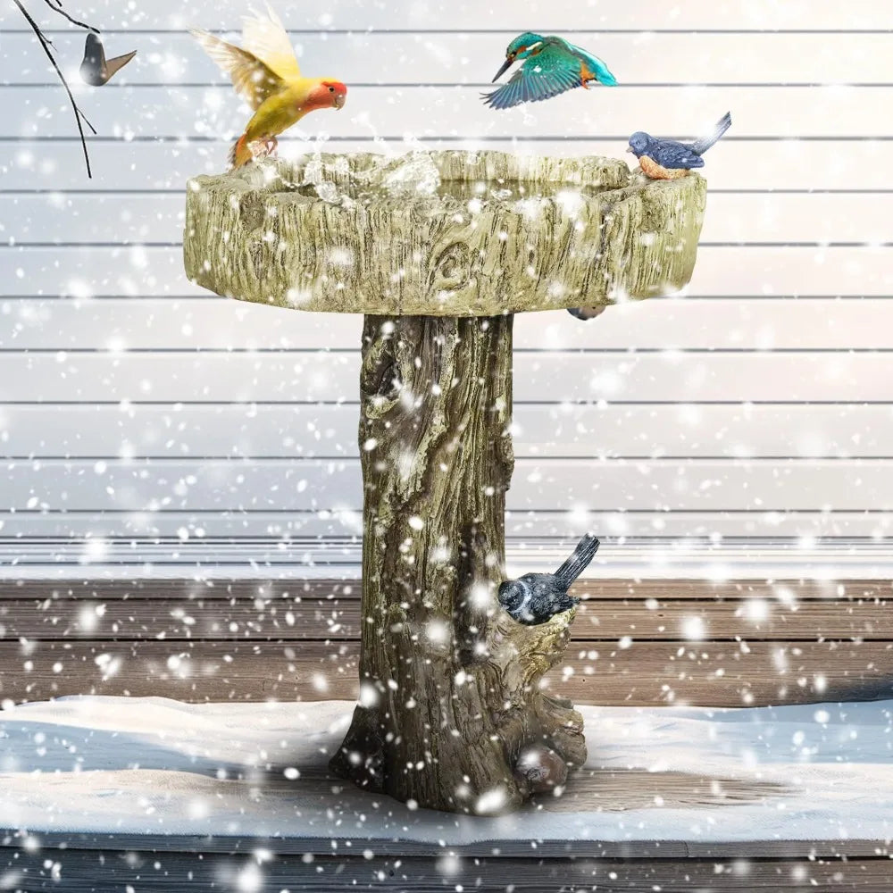 24.4 Inch Heigh Wood-Look Concrete Bird Bath with Decorative Faux Bird, birdbath Rustic & Long-Lasting Design