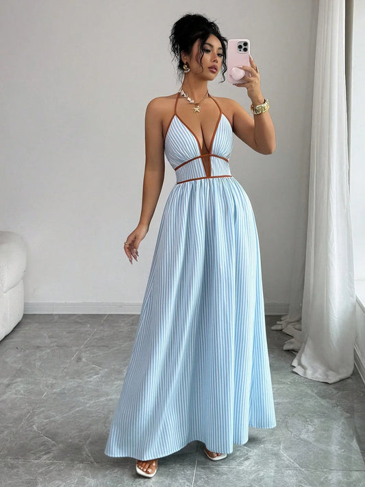 Women's Striped Plunging Halter Maxi Dress Beach Vacation Style