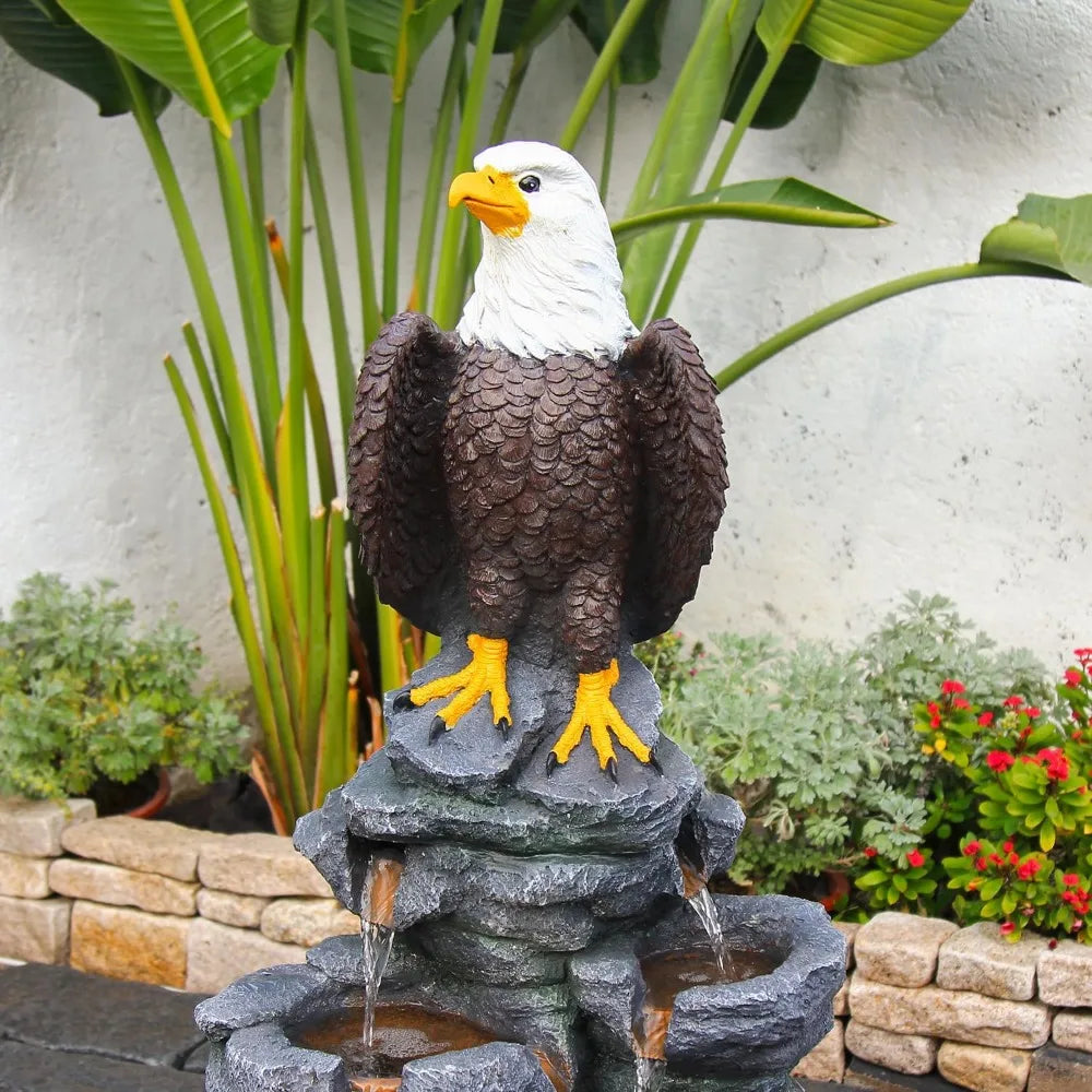 Bald Eagle Statue Outdoor Fountain Tiered Cascading Rock Water Fountain Outdoor Garden Waterfall Decor for Garden Patio Back