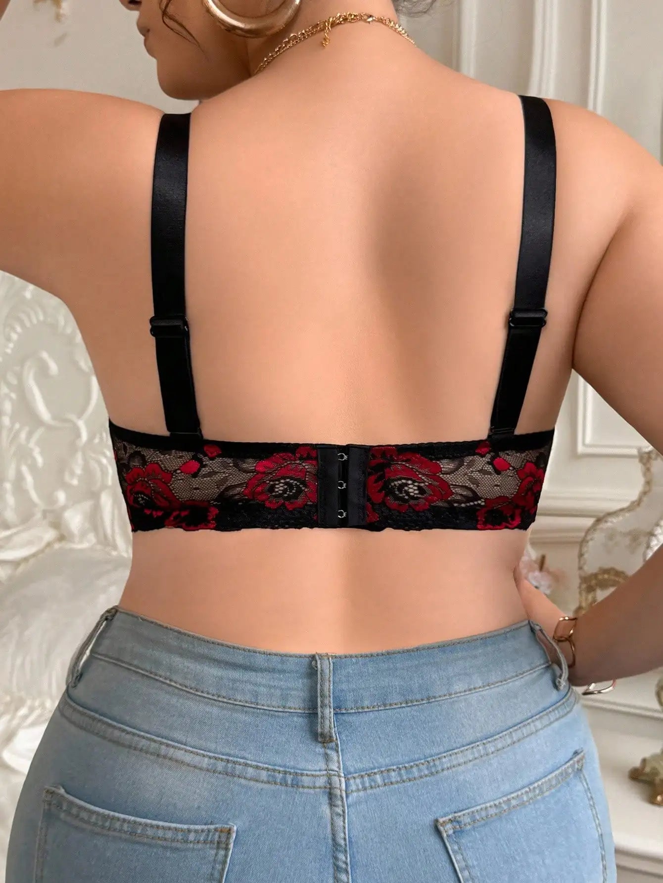 Black & Red Floral Lace Underwire Push-Up Bra with Side Support