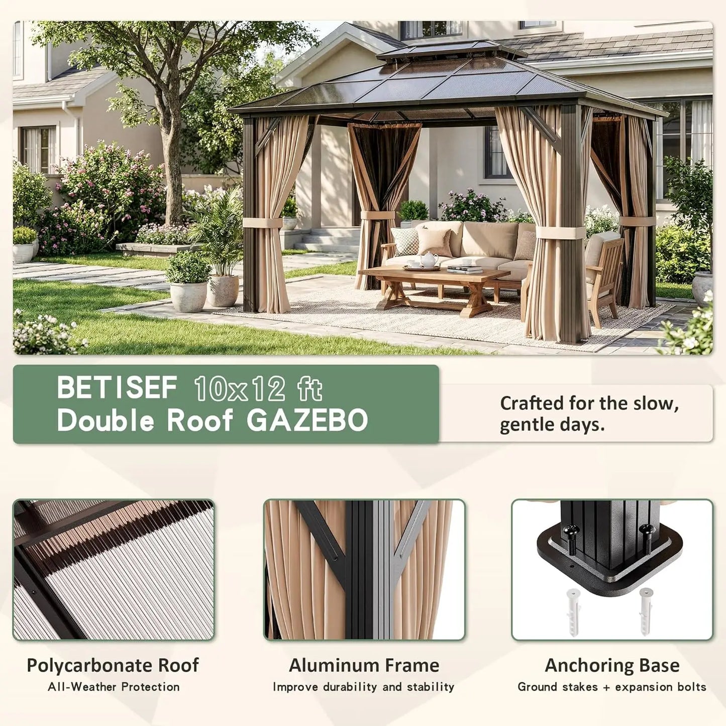 10'x12' Hardtop Gazebo, Outdoor Polycarbonate Roof Canopy, Aluminum Frame Permanent Pavilion with Curtains and, Customized