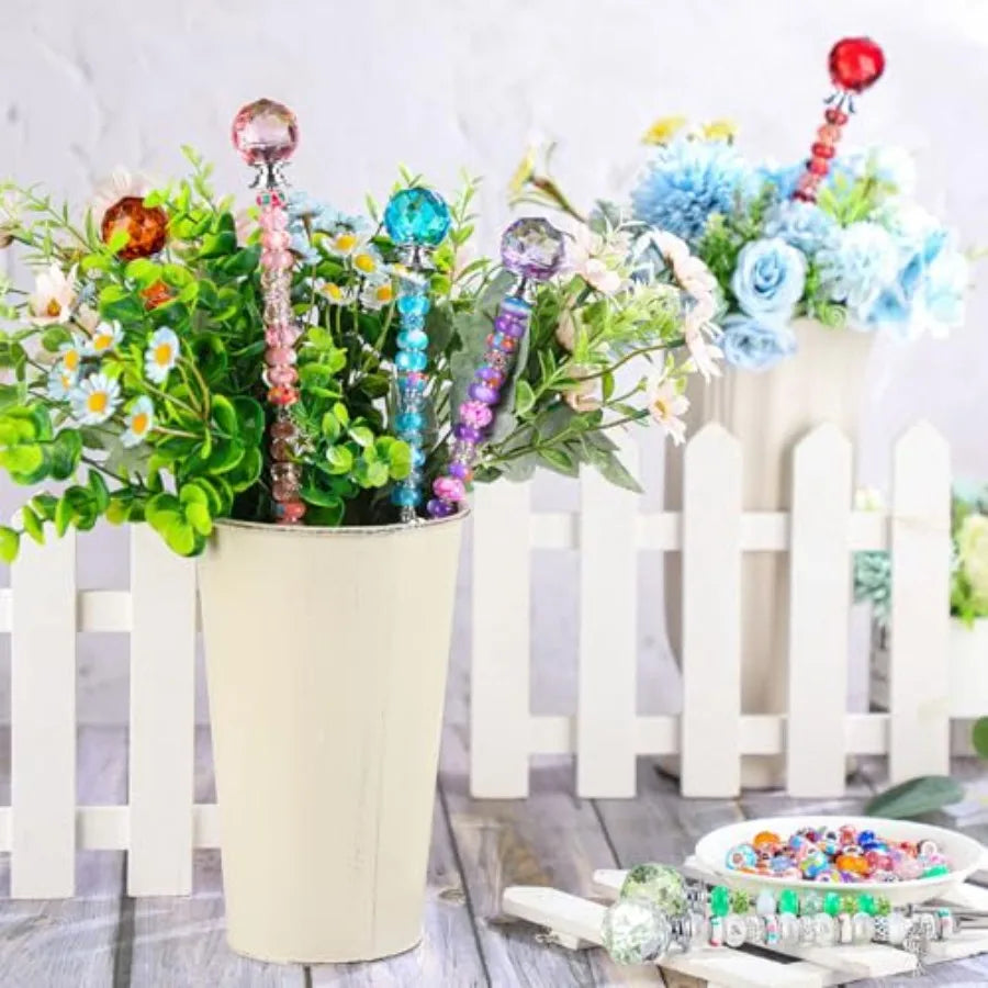 236 Pcs Garden Stake DIY Fairy Wand Plant Stake with 12 Colorful Crystal Stopper Top 12 Threaded Rod with 200 Large Hole Bead f
