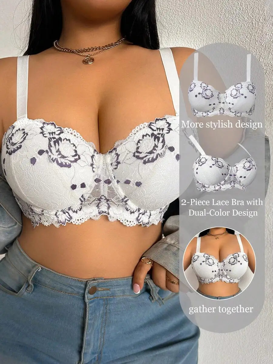 Black & Red Floral Lace Underwire Push-Up Bra with Side Support