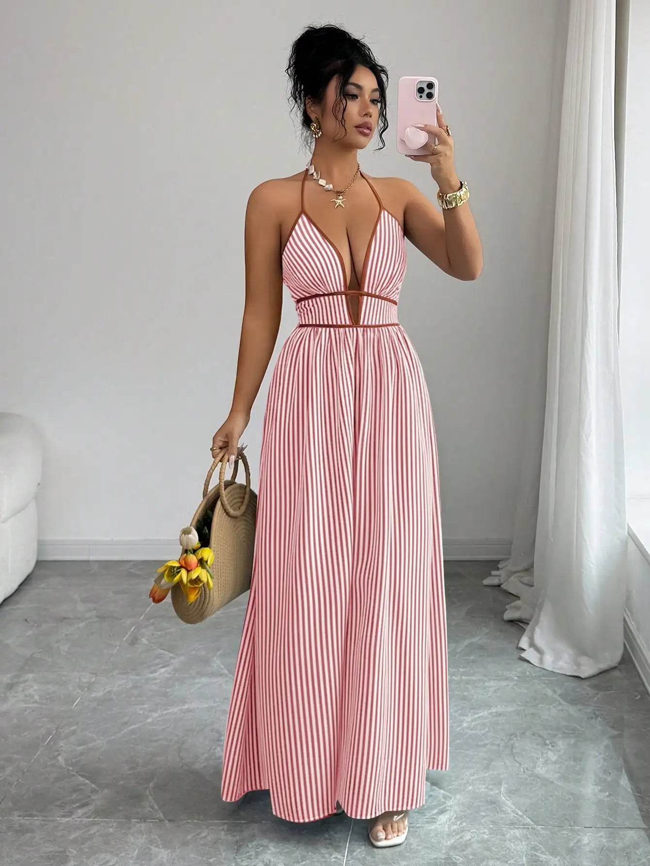 Women's Striped Plunging Halter Maxi Dress Beach Vacation Style