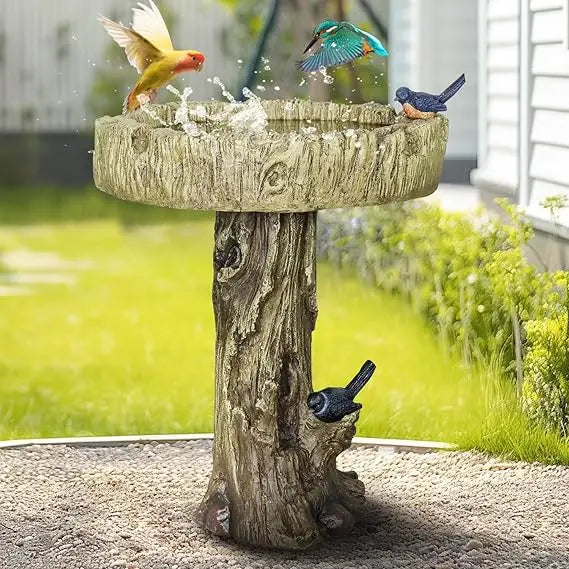 24.4 Inch Heigh Wood-Look Concrete Bird Bath with Decorative Faux Bird, birdbath Rustic & Long-Lasting Design