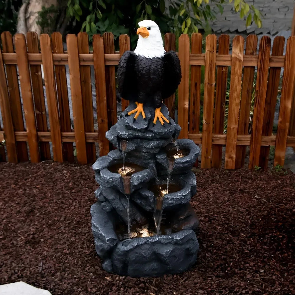 Bald Eagle Statue Outdoor Fountain Tiered Cascading Rock Water Fountain Outdoor Garden Waterfall Decor for Garden Patio Back