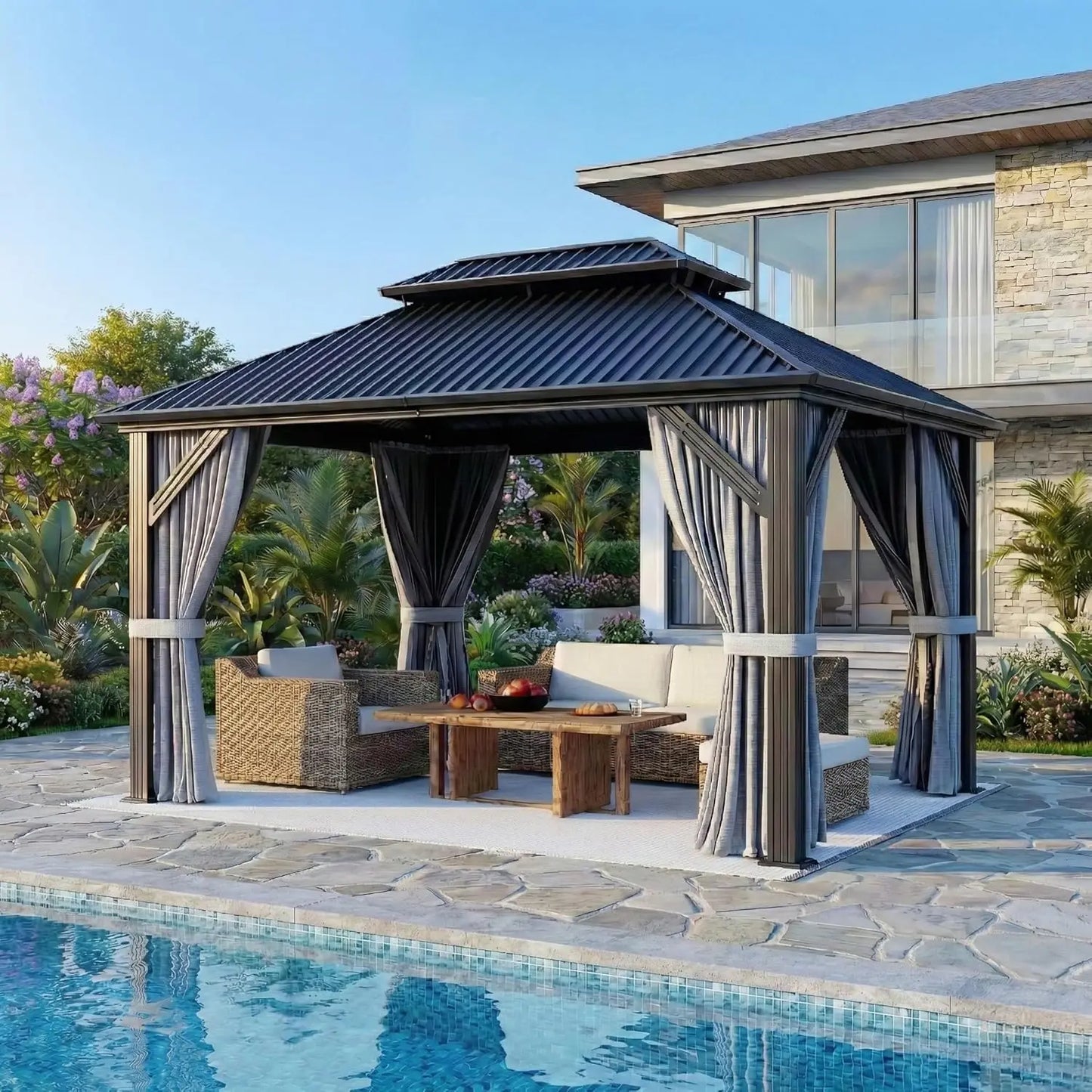 10'x12' Hardtop Gazebo, Outdoor Polycarbonate Roof Canopy, Aluminum Frame Permanent Pavilion with Curtains and, Customized
