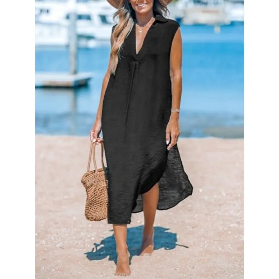 CUPSHE Women's Swimsuit Coverup Casual Sleeveless Side Split Long Cardigans V Neck Midi Beach Dress