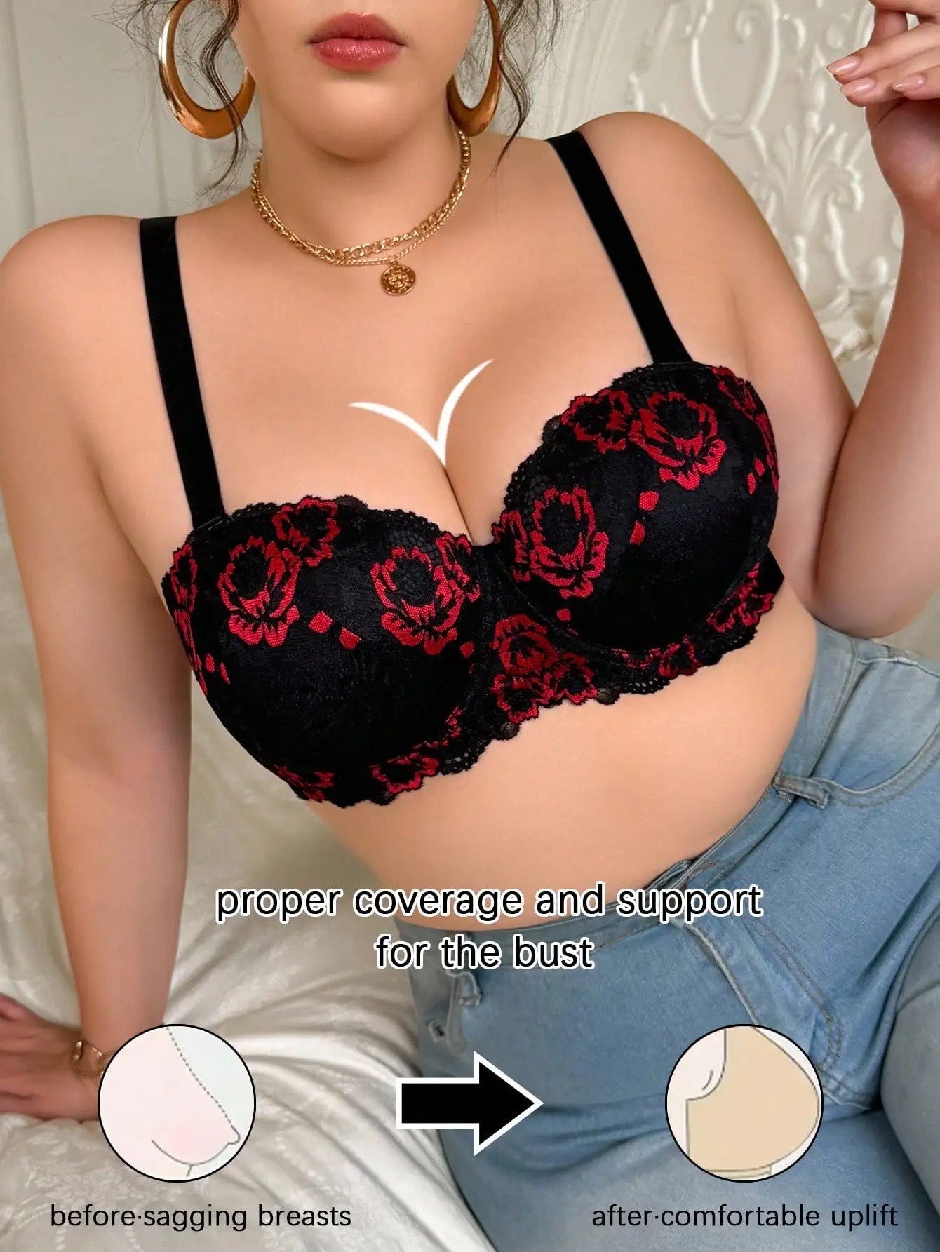 Black & Red Floral Lace Underwire Push-Up Bra with Side Support