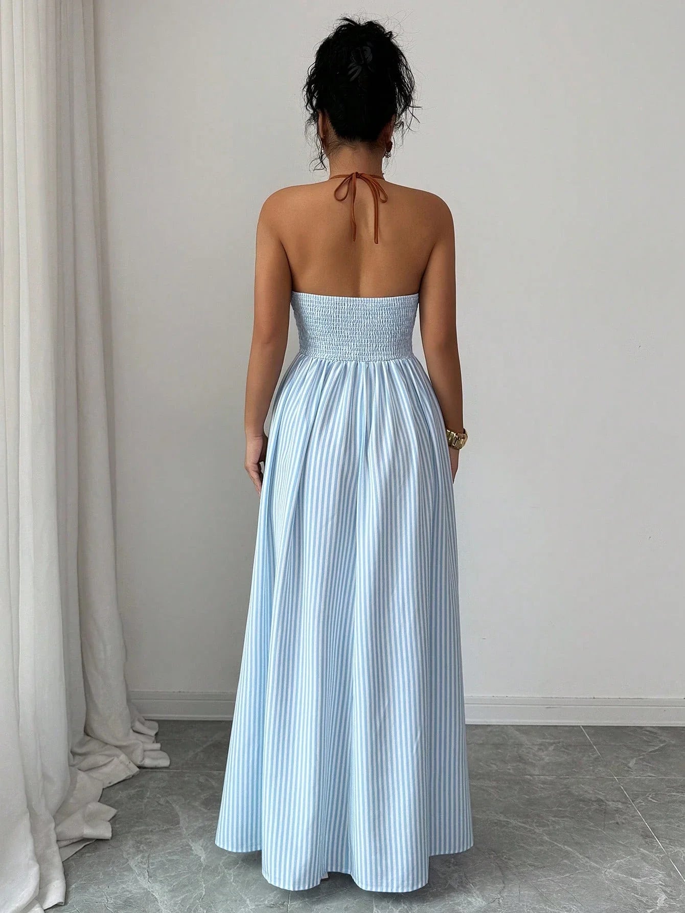 Women's Striped Plunging Halter Maxi Dress Beach Vacation Style