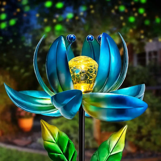Garden Lights Metal Flower Decor, Colorful Spinning Windmill Lotus Pathway Ligths with LED Cracked Crystal Ball Outdoor Decorati