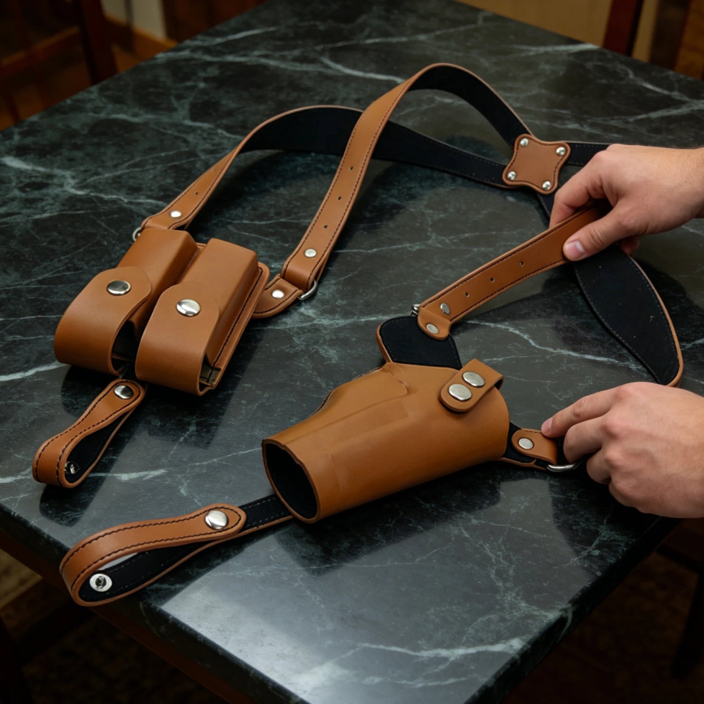 Leather General Vertical Gun Holster with Double Mag Fit Adjustable Vertical Concealed Holster Universal Fit for Most Pistols