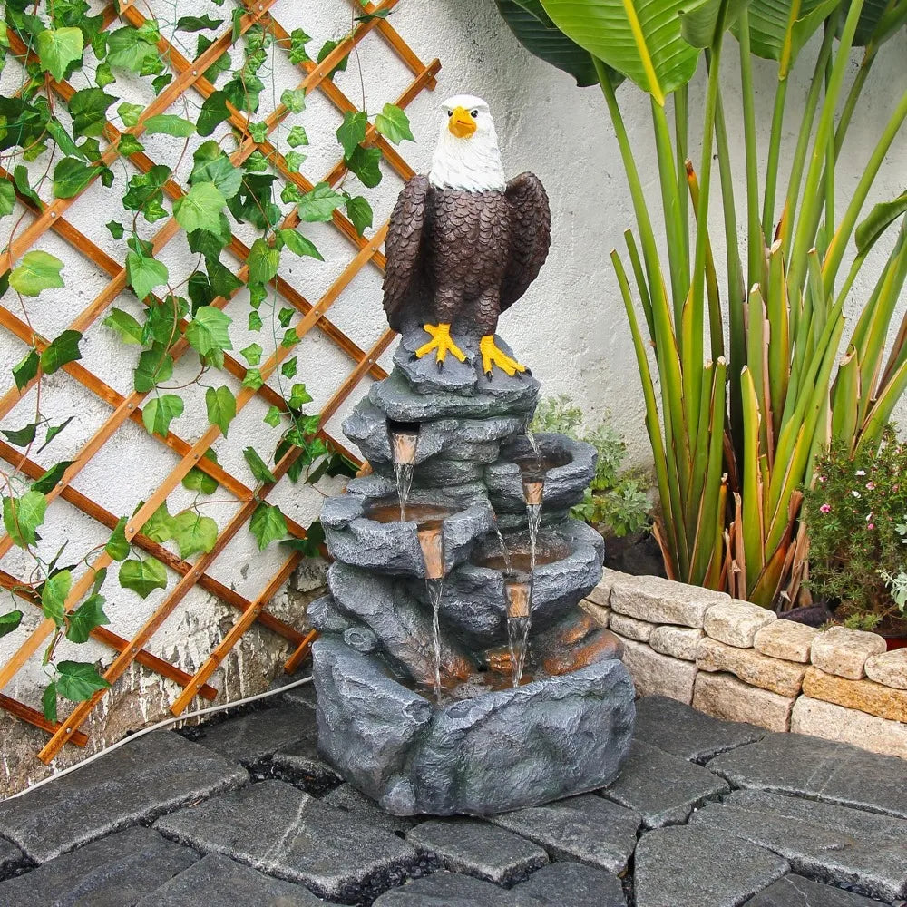 Bald Eagle Statue Outdoor Fountain Tiered Cascading Rock Water Fountain Outdoor Garden Waterfall Decor for Garden Patio Back