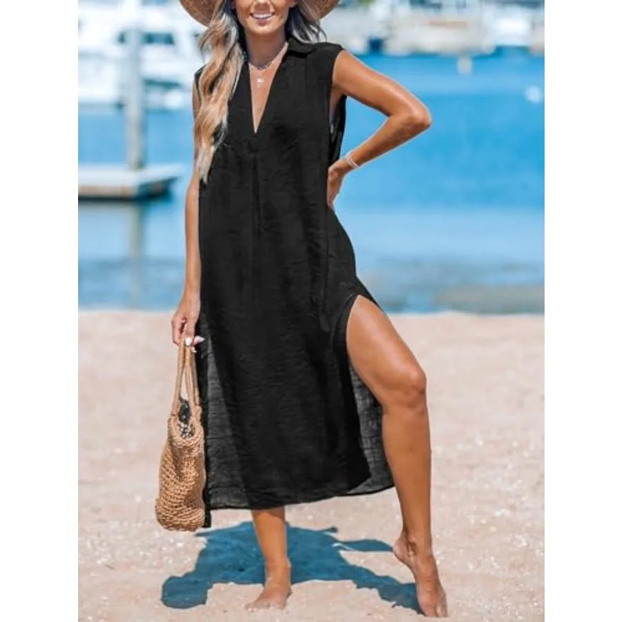 CUPSHE Women's Swimsuit Coverup Casual Sleeveless Side Split Long Cardigans V Neck Midi Beach Dress