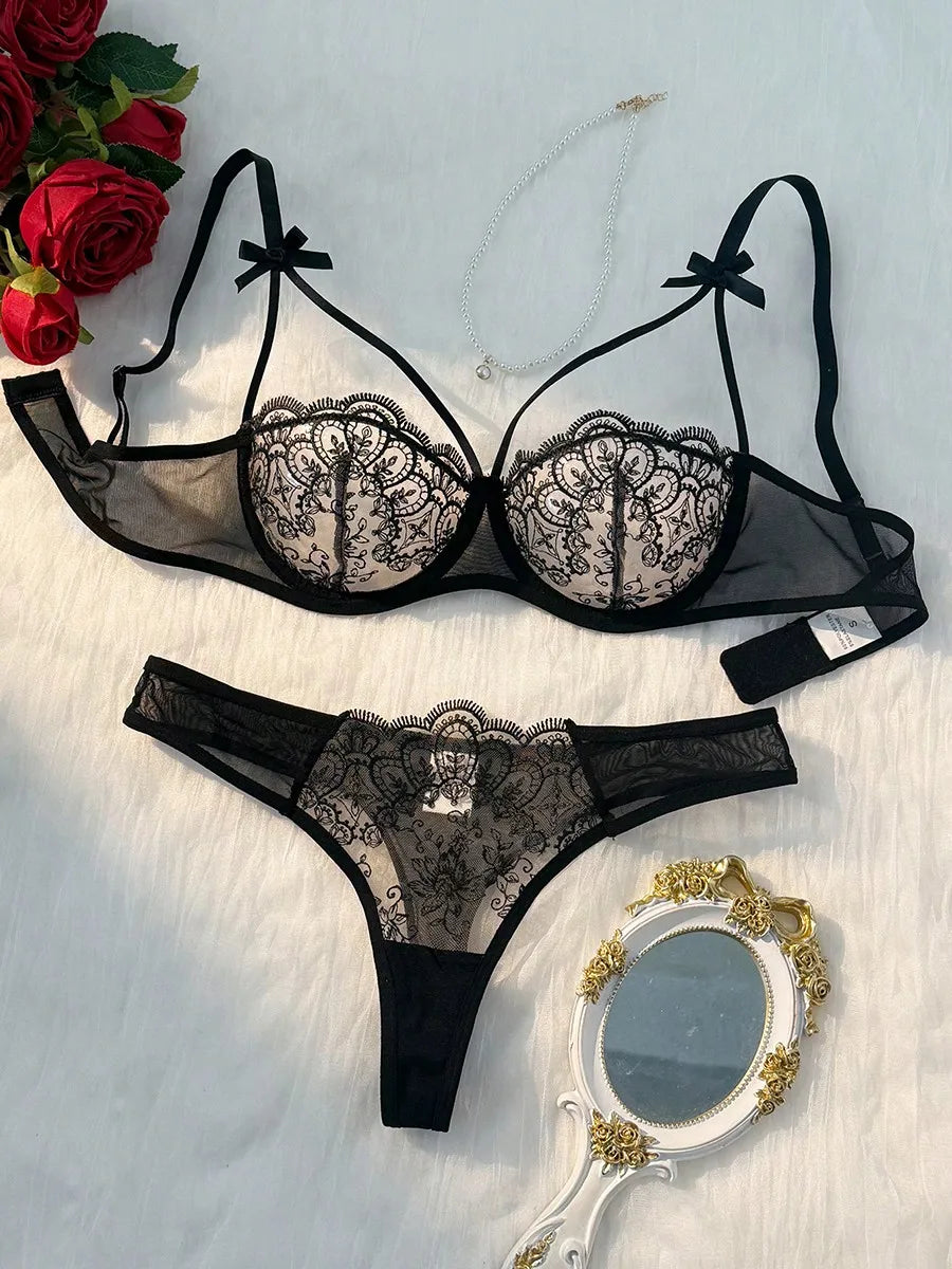 Womens Lace Embroidery Semi-Sheer Adjustable Strap Bra And Panty Set