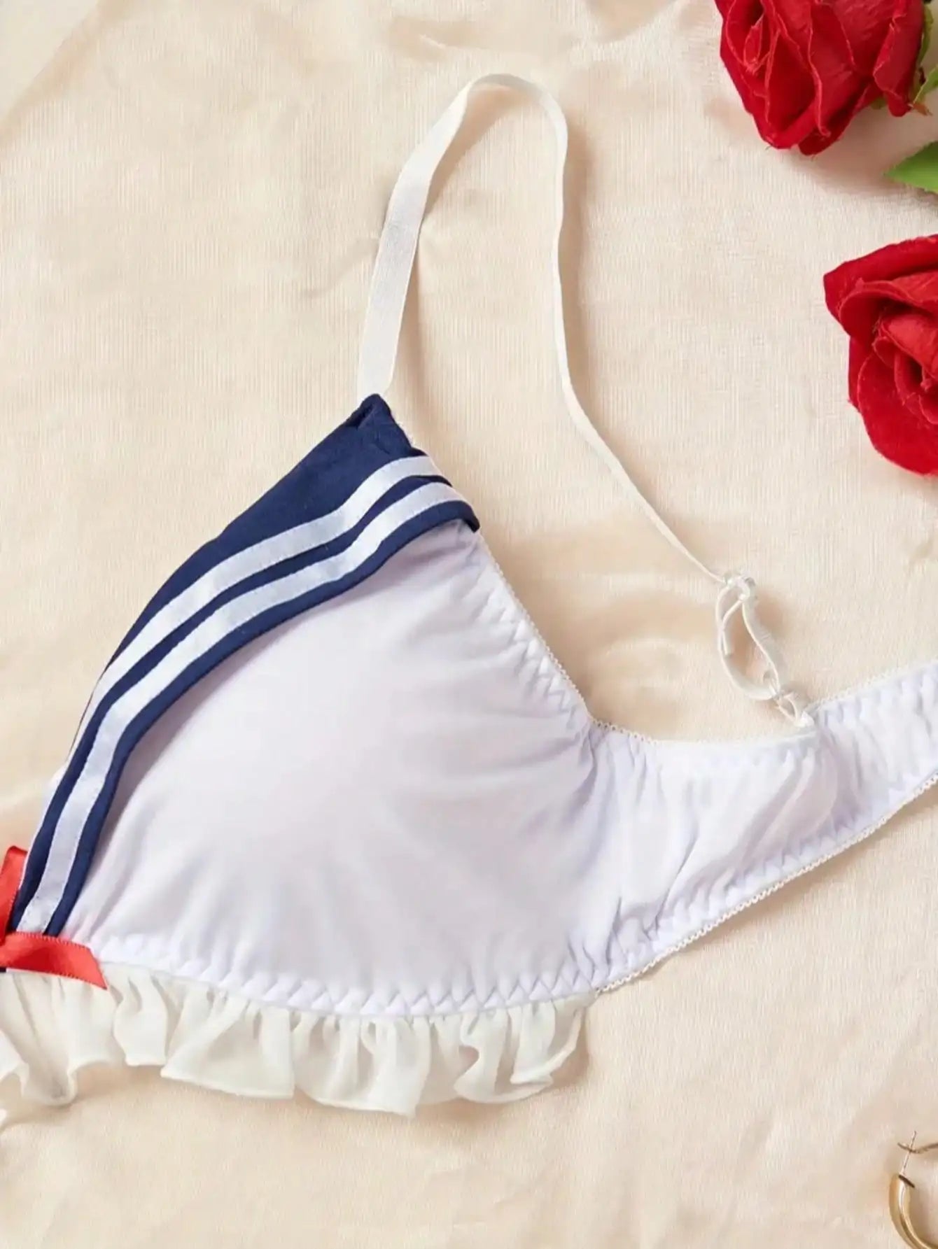2-Piece Nautical-Inspired Lingerie Set with Ruffles and Bow Detail
