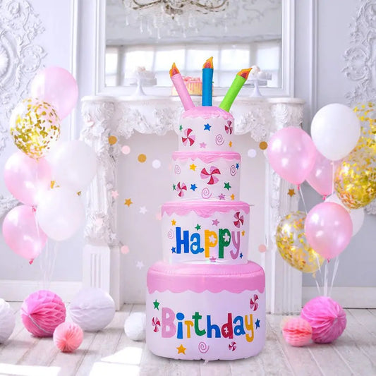 6 Feet Happy Birthday Inflatable Cake with Candle Blow Up Indoor Outdoor Yard Lawn Decoration