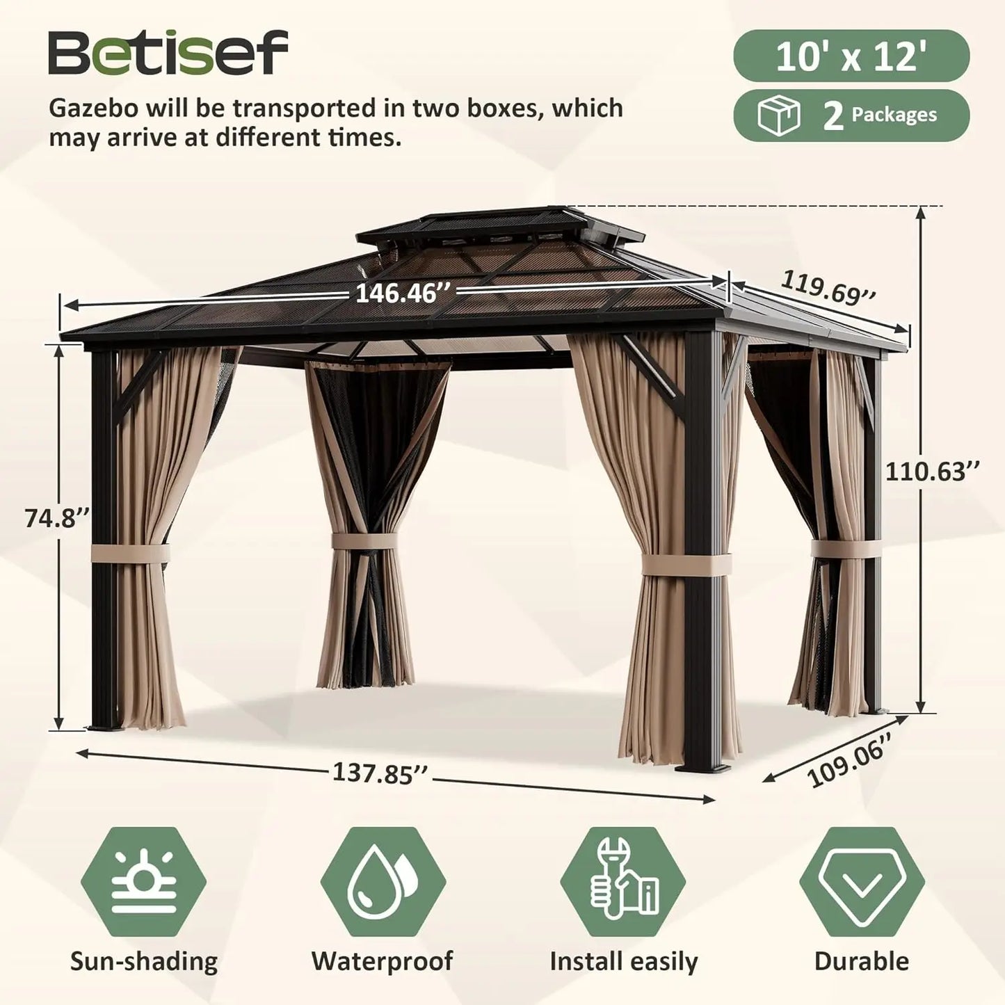 10'x12' Hardtop Gazebo, Outdoor Polycarbonate Roof Canopy, Aluminum Frame Permanent Pavilion with Curtains and, Customized