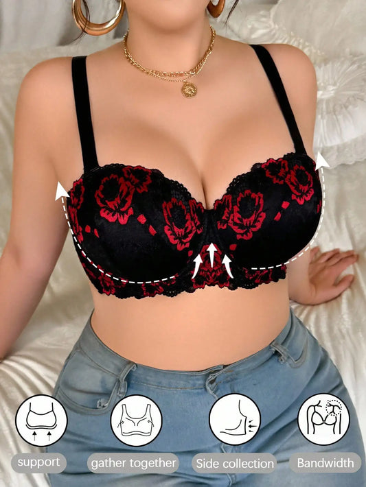 Black & Red Floral Lace Underwire Push-Up Bra with Side Support