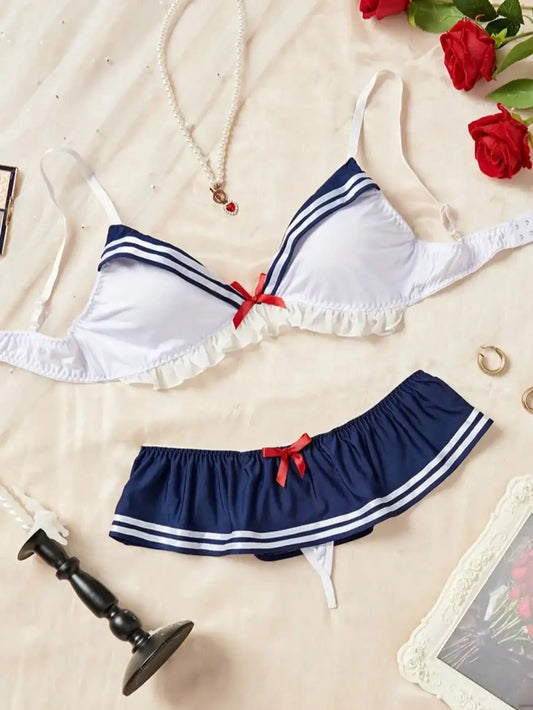 2-Piece Nautical-Inspired Lingerie Set with Ruffles and Bow Detail
