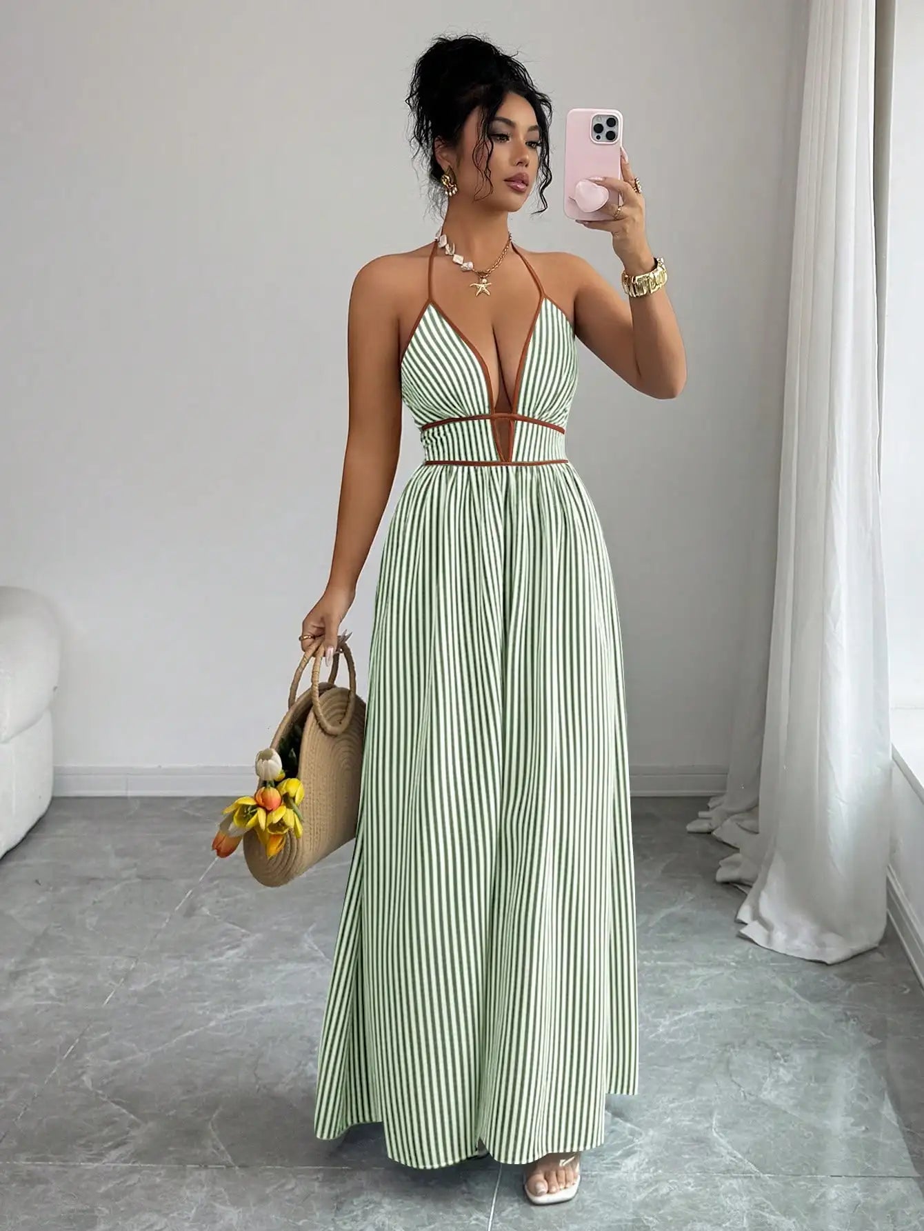 Women's Striped Plunging Halter Maxi Dress Beach Vacation Style