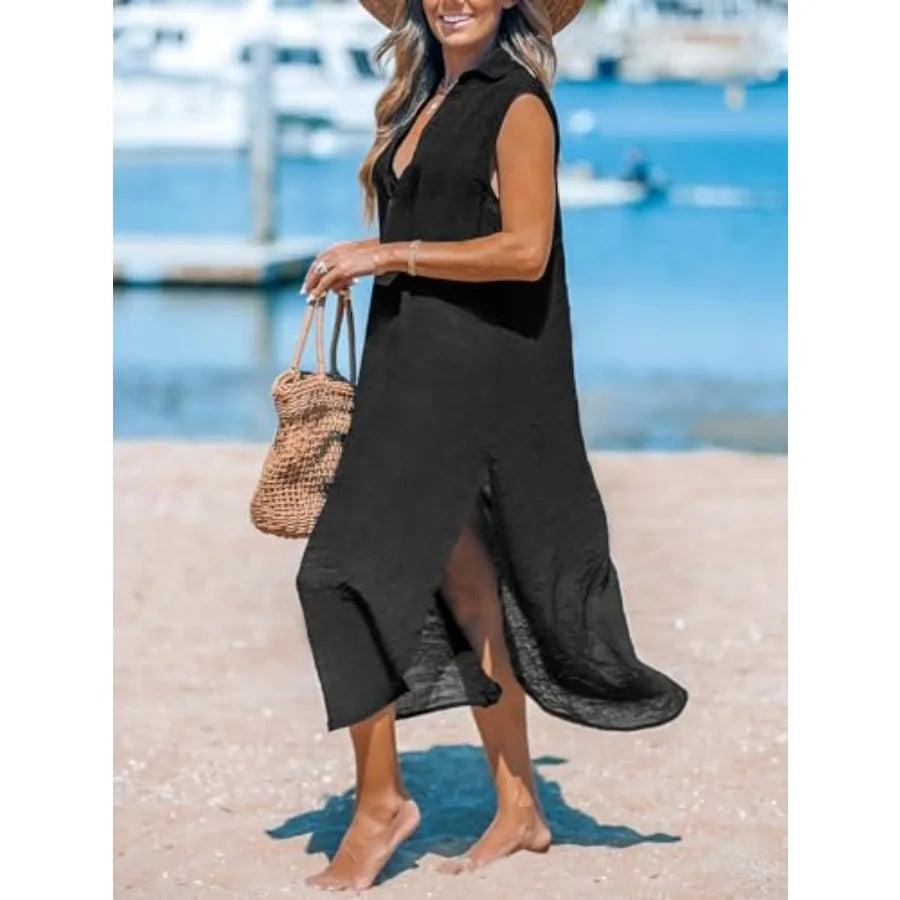 CUPSHE Women's Swimsuit Coverup Casual Sleeveless Side Split Long Cardigans V Neck Midi Beach Dress