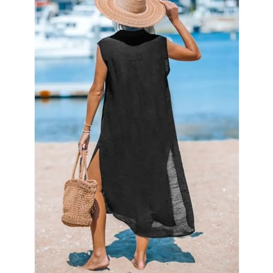 CUPSHE Women's Swimsuit Coverup Casual Sleeveless Side Split Long Cardigans V Neck Midi Beach Dress