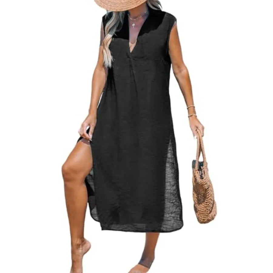CUPSHE Women's Swimsuit Coverup Casual Sleeveless Side Split Long Cardigans V Neck Midi Beach Dress