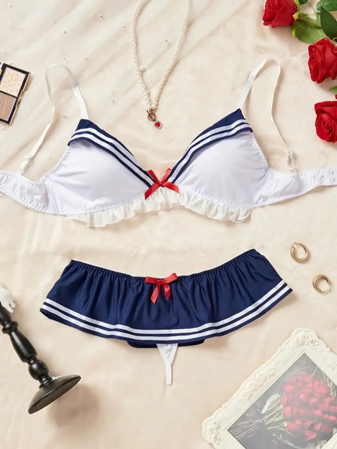 2-Piece Nautical-Inspired Lingerie Set with Ruffles and Bow Detail