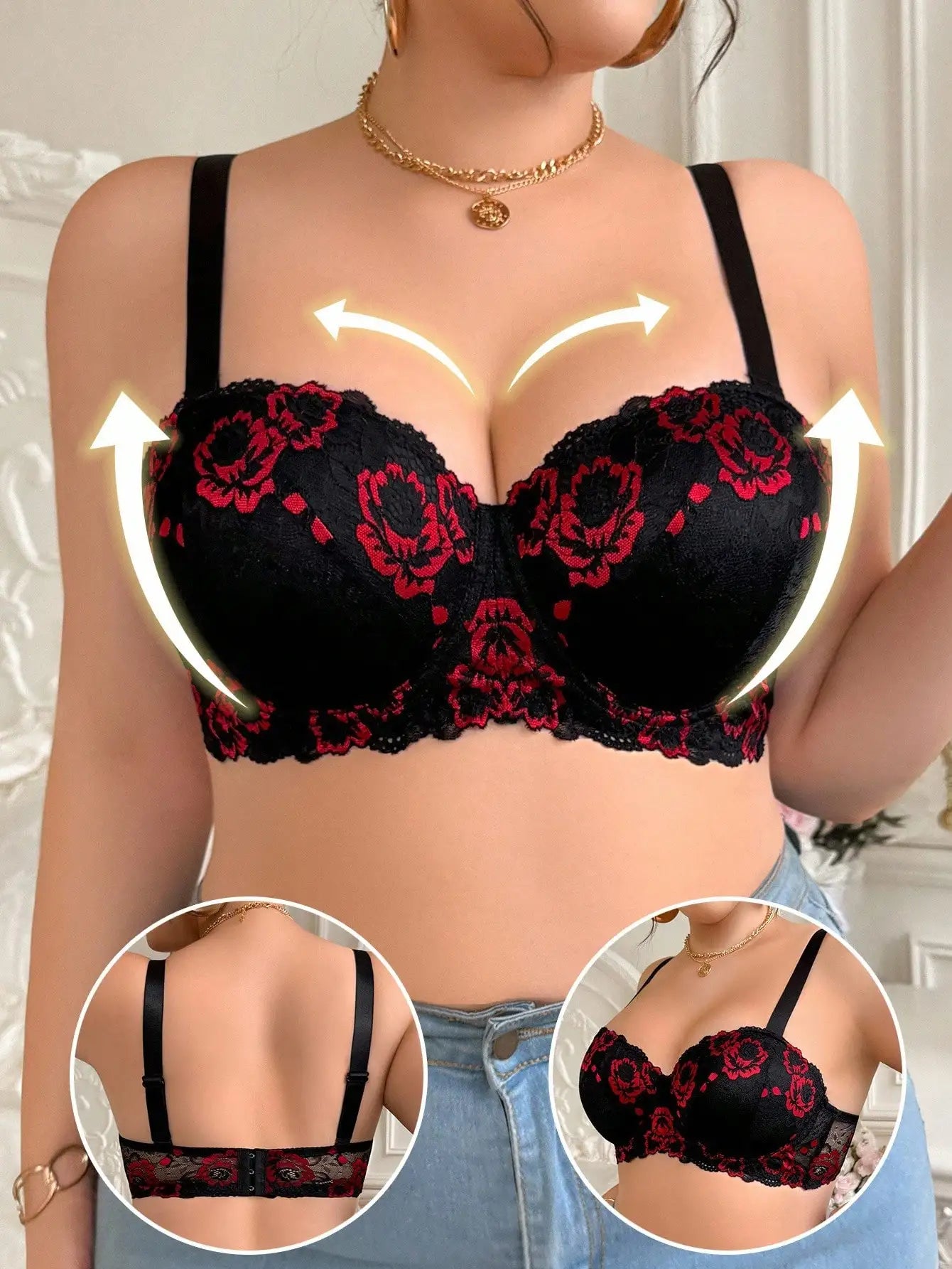 Black & Red Floral Lace Underwire Push-Up Bra with Side Support