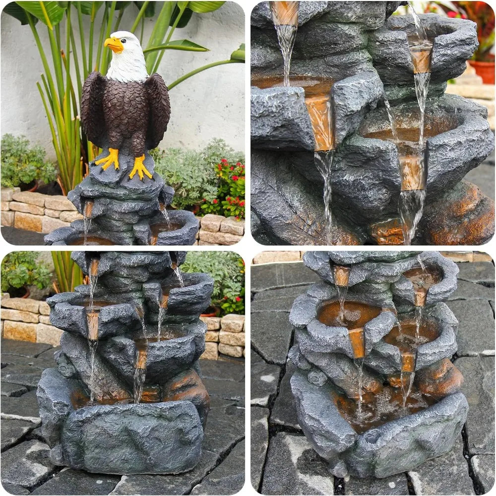Bald Eagle Statue Outdoor Fountain Tiered Cascading Rock Water Fountain Outdoor Garden Waterfall Decor for Garden Patio Back
